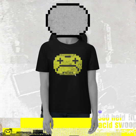 ACID HOUSE SMILEY, WARE HOUSE PARTY, ILLEGAL/ YELLOW ON BLACK TSHIRT