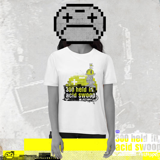 ACID HOUSE PARTY T SHIRT, SMILEY, 330 HELD IN ACID SWOOP TEXT, SMILEY HEAD CHARACHTER. ILLEGAL WAREHOUSE. ARRESTS
